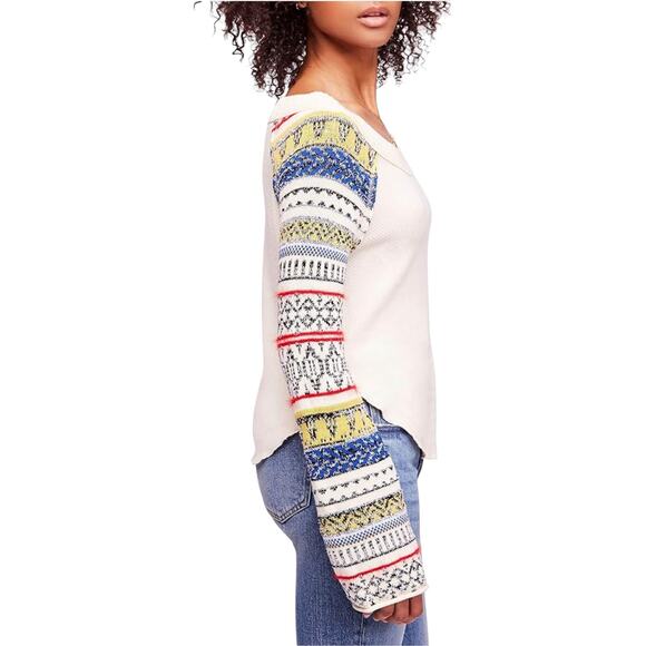 Free People White Fairground Cotton Thermal Sweater Sleeve Top - Picture 3 of 12